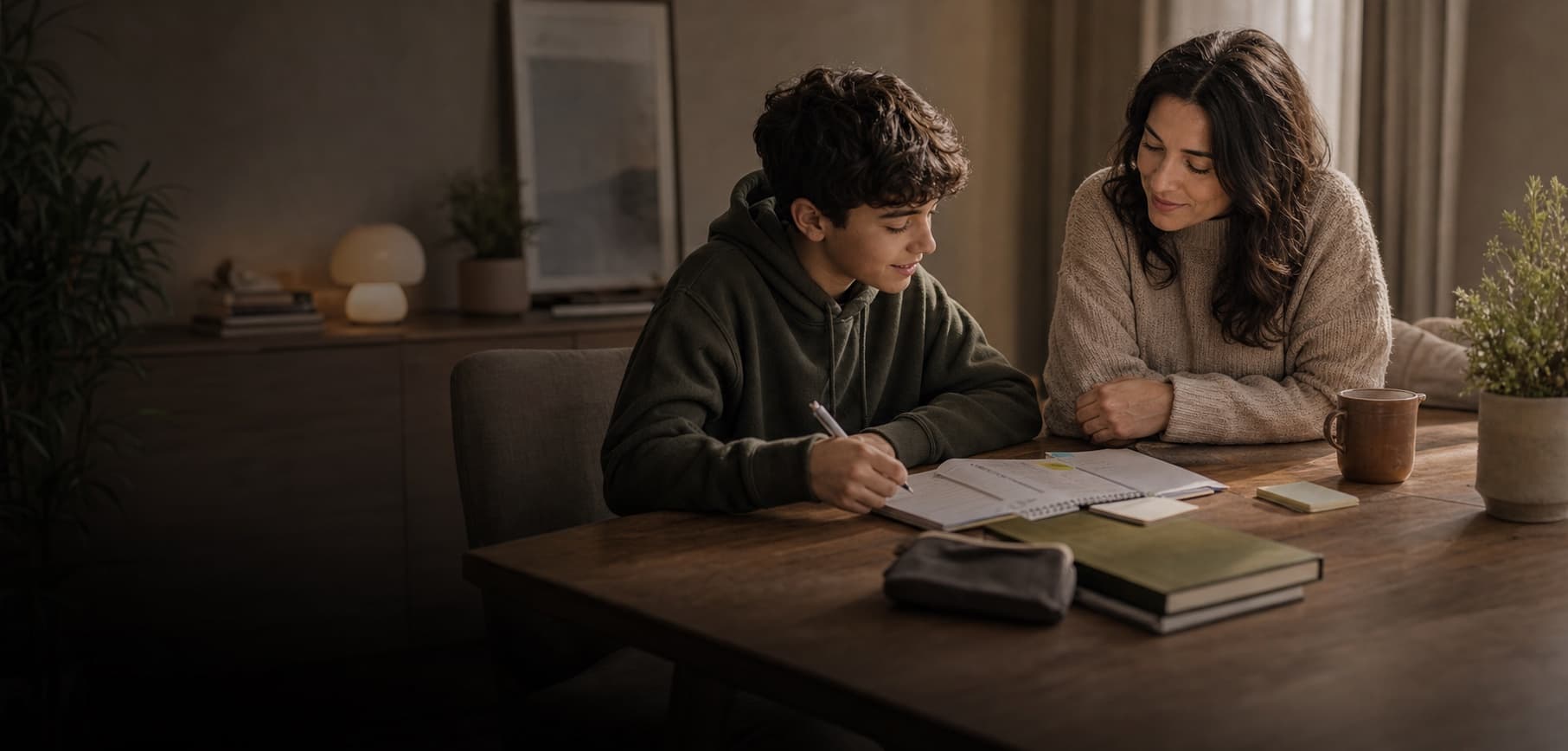 A student and an adult reviewing notes at a table