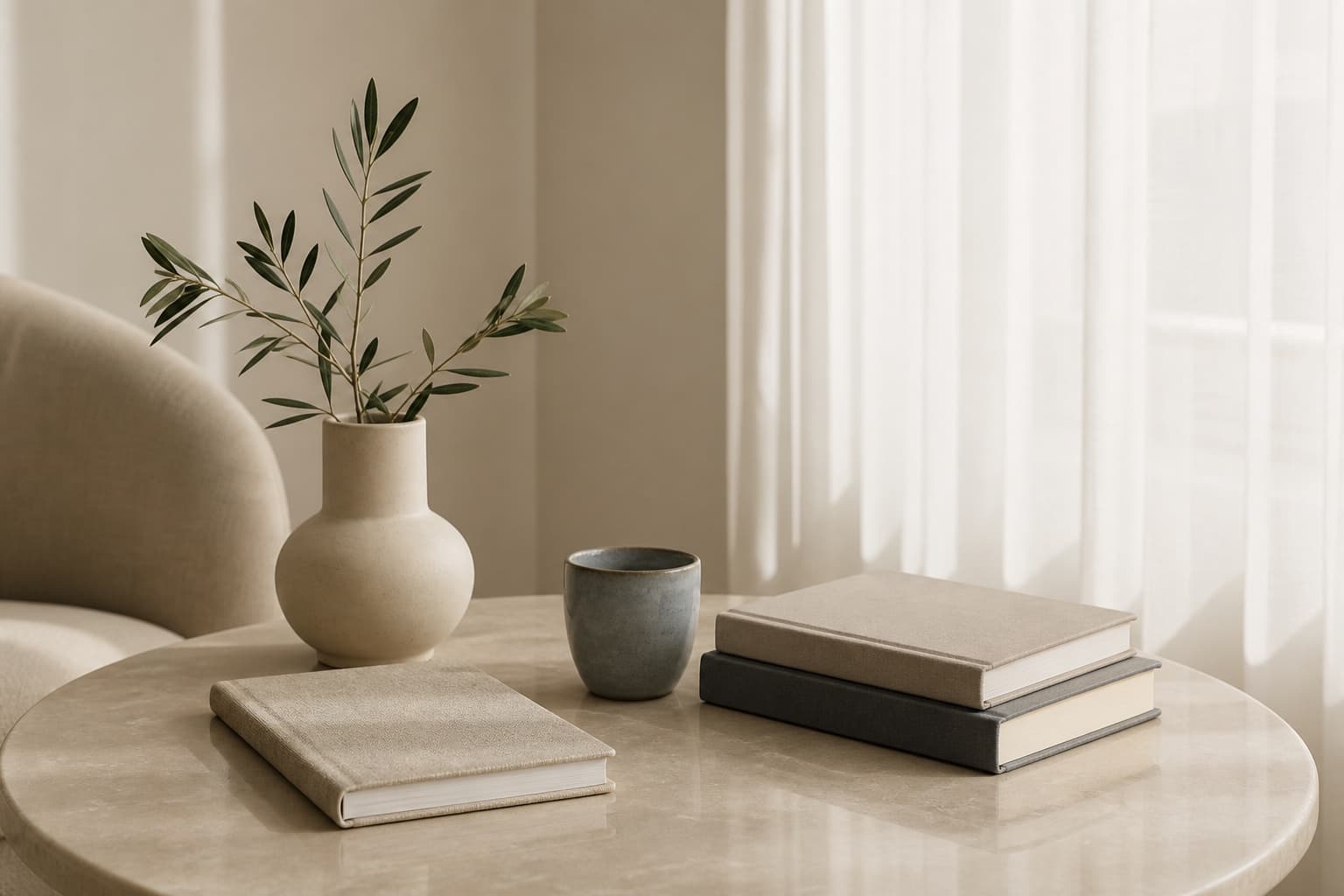 Pencere ışığında kitaplar, defter, fincan ve zeytin dalı bulunan sakin bir masa