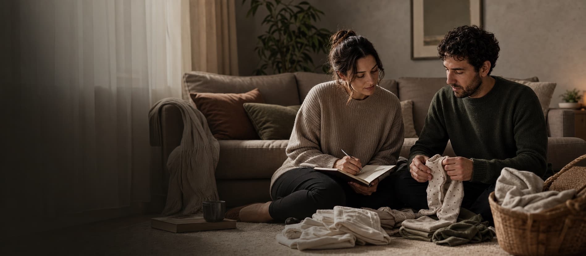 Two adults quietly preparing for a new stage of family life
