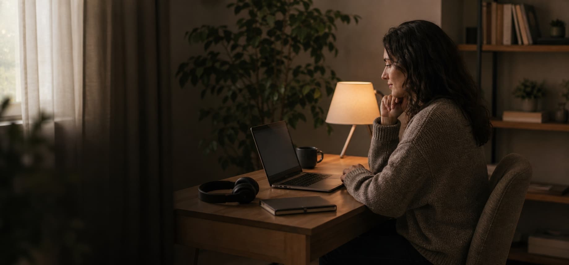 A person preparing for a conversation using a laptop in a quiet room