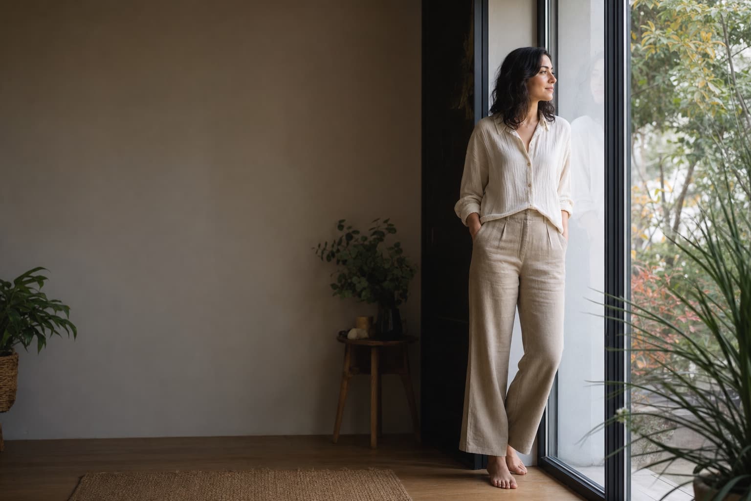 A person standing beside a window in gentle daylight