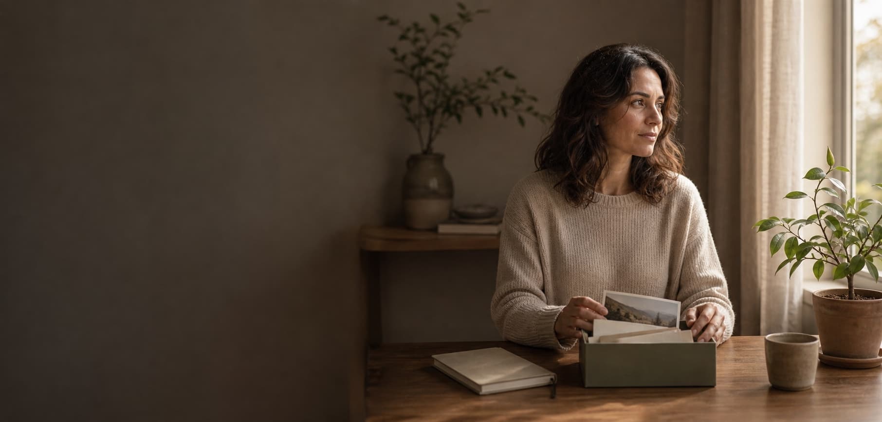 A person pausing in a quiet room with gentle natural light